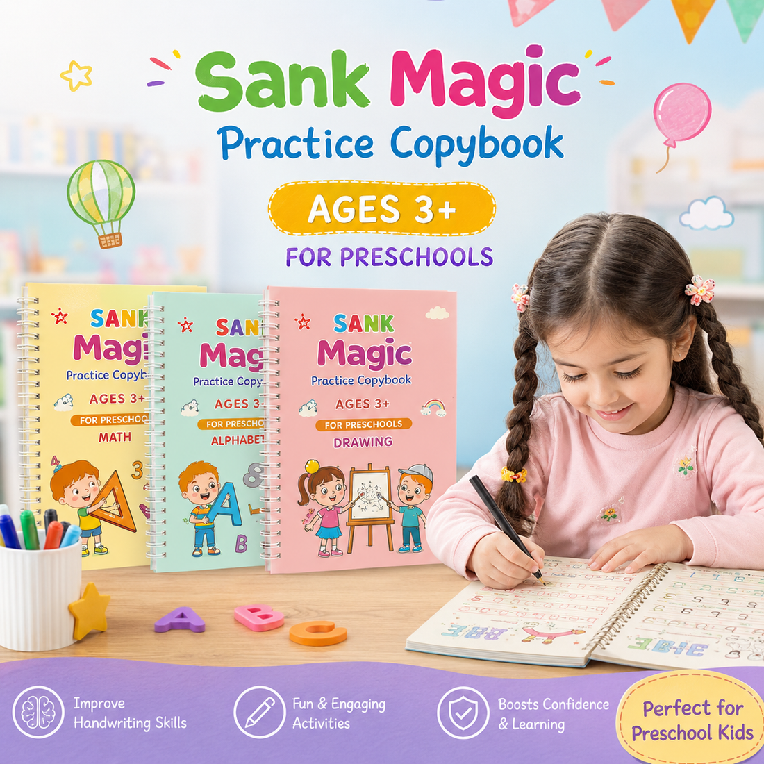 Sank Magic Practice Copybook Set – Reusable Learning Books (4 Books + 10 Ink Refills)