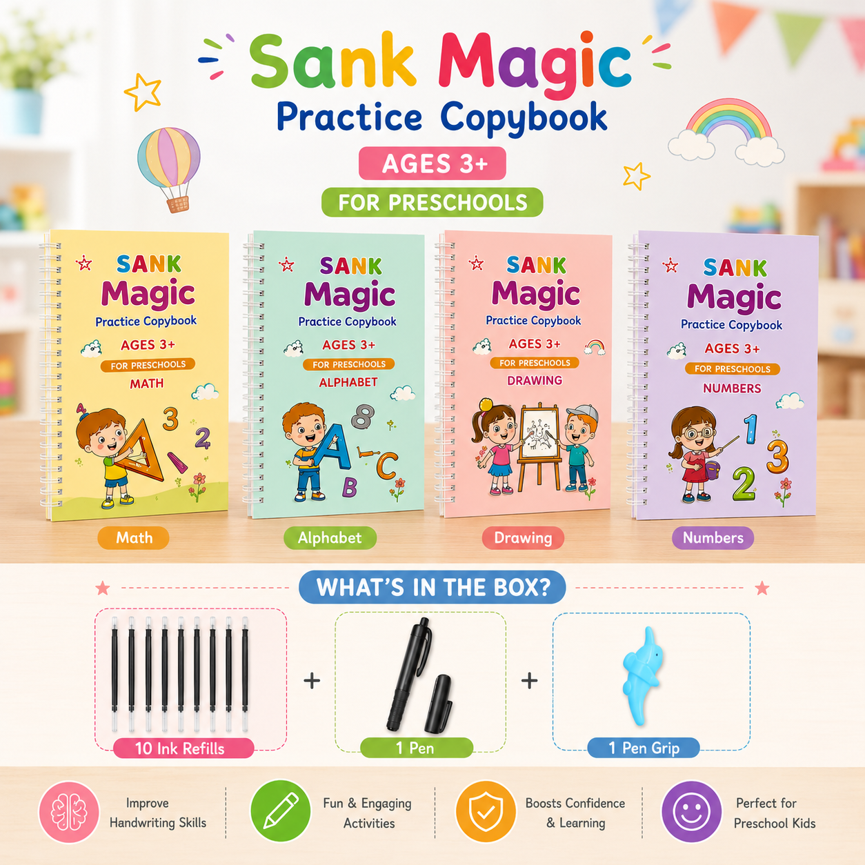 Sank Magic Practice Copybook Set – Reusable Learning Books (4 Books + 10 Ink Refills)