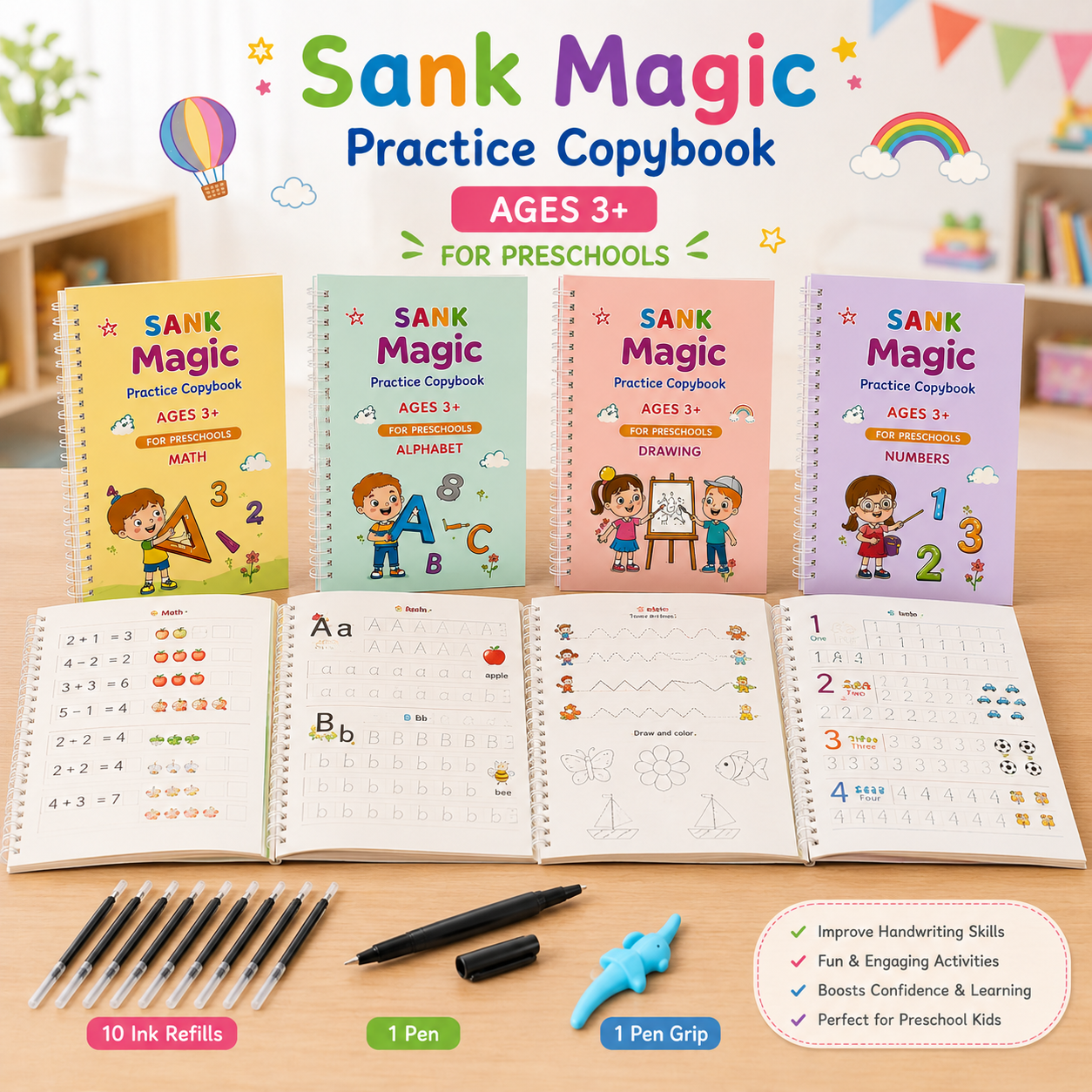 Sank Magic Practice Copybook Set – Reusable Learning Books (4 Books + 10 Ink Refills)