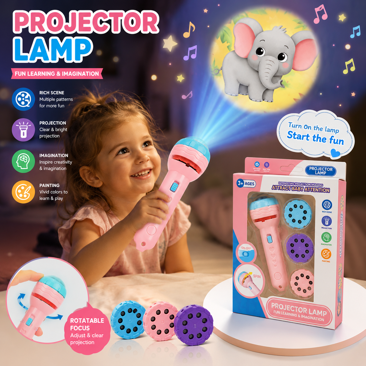 Kids Projection Flashlight Lamp – Educational Cartoon Toy| 3 Slide Discs